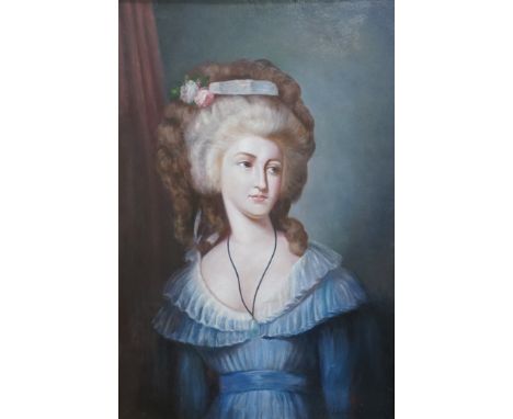 A decorative oil on board, Portrait of a Georgian lady, unsigned,  90 x 59cm, ornately gilt framed. Condition - good