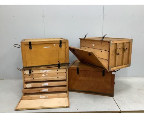 Four vintage Venesta storage trunks, width 76cm, depth 50cm, height 46cm.Provenance - Harrison Zoological Museum, Bowerwood H