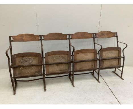 Three vintage French wrought iron and beech folding cinema seat rows, each width 193cm, height 84cm. Condition - poor