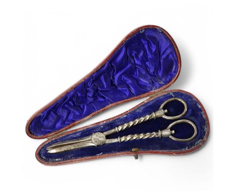 A cased pair of late Victorian silver grape scissors, by William Hutton &amp; Sons, London, 1897, 17.6cm. Condition - fair to
