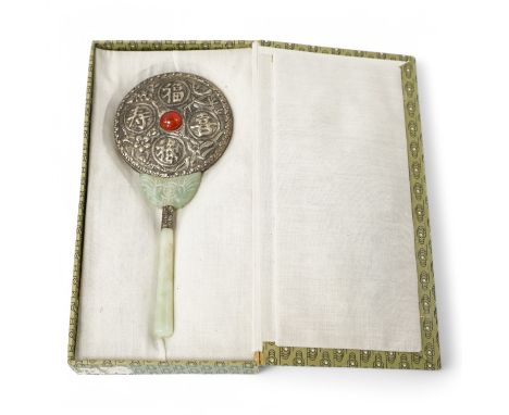 A Chinese white metal and bowenite jade hand mirror, boxed, 22cm long. Condition - good
