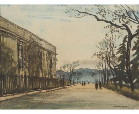 § SIR MUIRHEAD BONE (SCOTTISH 1876-1953)  THE PROMENADE  Signed, indistinctly inscribed, pastel  28cm x 37.5cm (11in x 14.75i