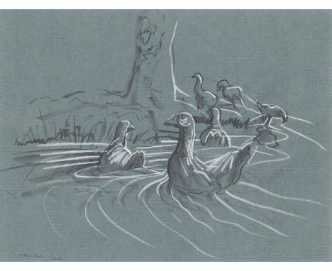 § PETER HOWSON (SCOTTISH B.1958)  DUCKS  Signed and dated 2002, pastel on blue-grey paper  22cm x 29cm (8.74in x 11.5in)