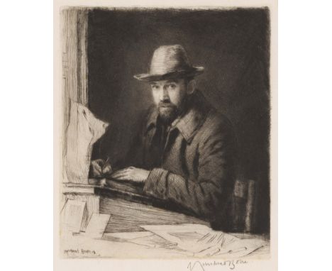 § SIR MUIRHEAD BONE (SCOTTISH 1876-1953)  SELF PORTRAIT OF THE ARTIST, IN A HAT  Signed and dated '08 in plate, signed to mar