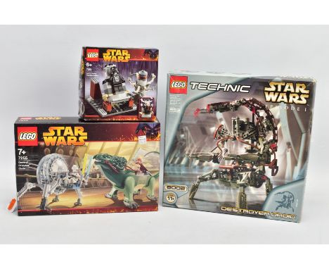 THREE BOXED LEGO STAR WARS SETS, Destroyer Droid 8002, General Grievous Chase 7255 and Darth Vader Transformation 7251, in us