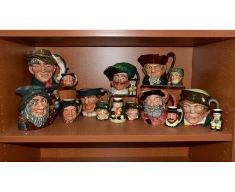 SIXTEEN CERAMIC CHARACTER AND TOBY JUGS, ELEVEN BY ROYAL DOULTON, comprising large size Old Charley, Falstaff, Paddy, Tony We