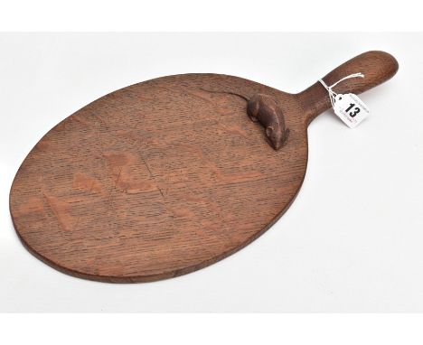 A ROBERT 'MOUSEMAN' THOMPSON OAK CHEESE BOARD, dark oak oiled finish, oval form, length 36.5cm