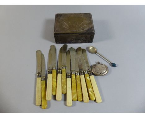 A Sliver Oval Snuff and Collection of Bone and other Handled Butter Knives in Sliver Plated Box 