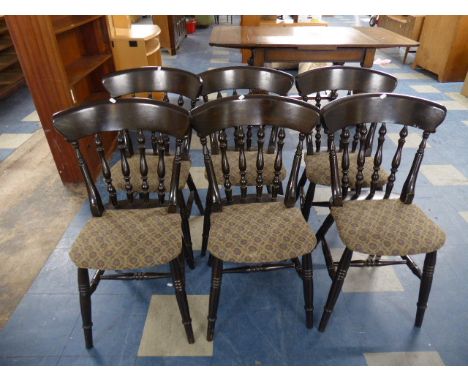 A Set of Six Spindle Back Tapestry Seated Dining Chairs 