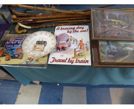 A Reproduction Ford and Fordson Tractor Enamel Sign, Travel by Train Sign, Two Train Prints and a Tractor Plate