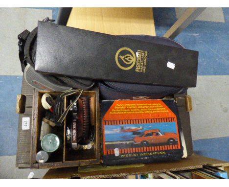 A Box Containing Ronson Varaflame Vintage Candles, Battery Charger, Shoe Cleaning Box
