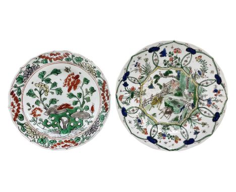 Chinese Kangxi porcelain plate decorated in Famille Verte enamels with three deer on a fenced veranda, Ding incense burner ma