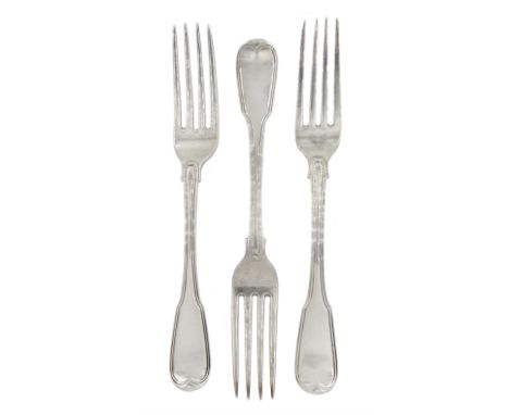 Ten George III silver fiddle and thread pattern table forks London 1803, four matching forks London 1804 and a single matchin