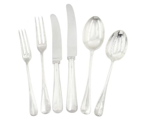 Suite of silver rat tail cutlery for six covers comprising six table forks, six dessert forks, six dessert spoons, six table 