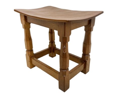 'Mouseman' oak joint stool, dished top on four octagonal supports joined by stretchers, carved with mouse signature, by Rober