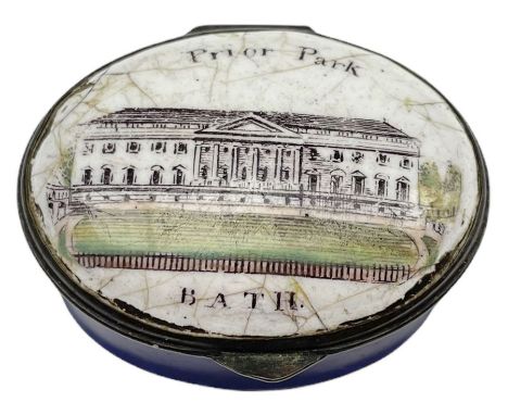Late 18th century Staffordshire oval enamel patch box printed with a view of Prior Park, Bath with interior mirror W4.5cm  Pr