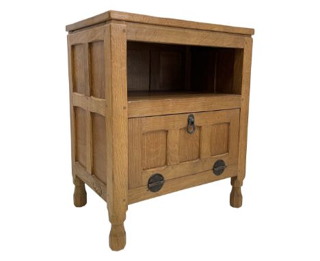 'Oakleafman' adzed oak bedside or lamp table, rectangular top over shelf and triple panelled fall front, panelled sides carve