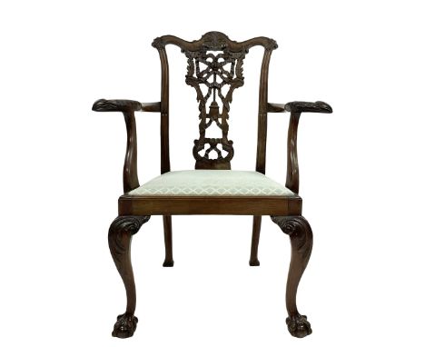 Pratts Bradford - Late 20th century Chippendale design walnut and mahogany elbow chair, shaped cresting rail carved with foli