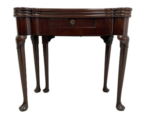 George III mahogany card or tea table, triple fold-over top revealing baize lined card table with sunken counter wells and ma