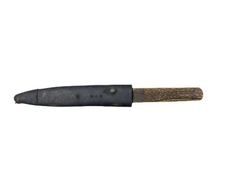 Victorian hunting knife with stag horn handle in leather scabbard, blade length 21.5cm