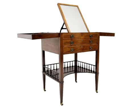 George III mahogany and satinwood banded enclosed washstand or dressing stand, the hinged top opens to reveal hinged adjustab
