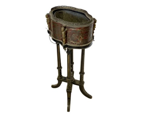 19th century ebonised and red Boulle work jardiniere or planter stand, shaped form set with raised gilt metal gallery and put