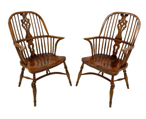 Pair of elm and oak Windsor armchairs, double hoop and high stick back, shaped splat with pierced decoration, dished saddle t