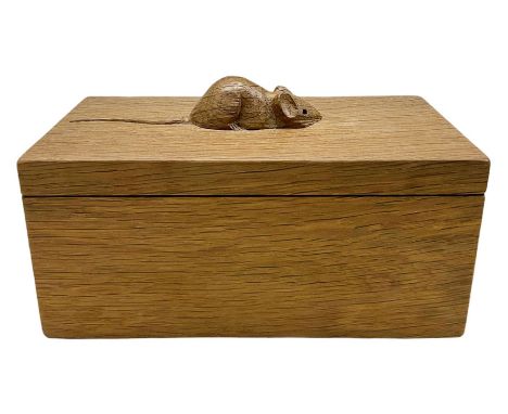 'Mouseman' rectangular box and cover with carved mouse signature, by Robert Thompson of Kilburn, W19cm x H11cm