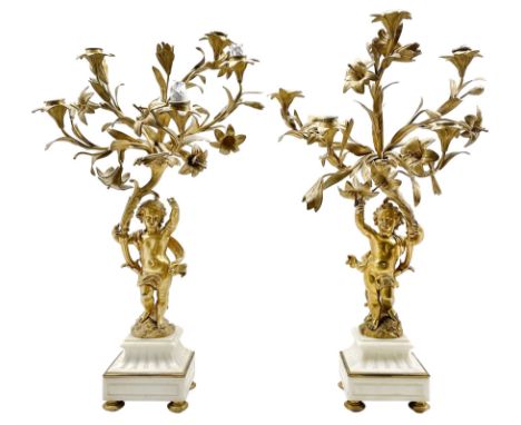 Pair of 19th century French ormolu candelabra in Louis XVI style each with five naturalistic scrolling floral and foliate bra