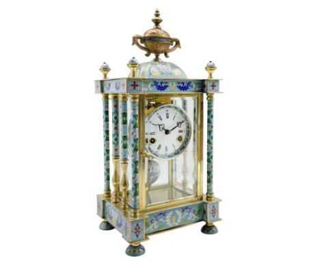 Decorative 20th century Chinese mantle clock with blue cloisonné decoration and four bevelled glass panels, 8-day two-train s