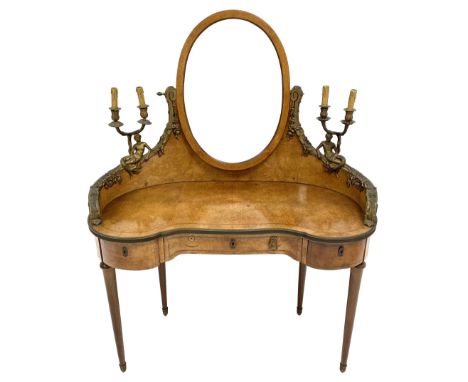 Late 19th century amboyna and ormolu mounted dressing table, the raised oval mirror with bevelled plate supported by sweeping