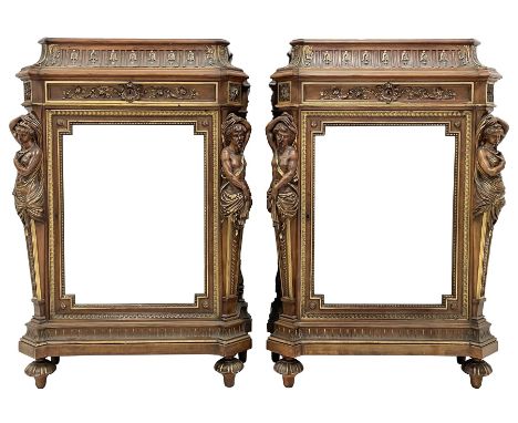 Pair late 19th century walnut and parcel gilt side cabinets, stepped and moulded sarcophagus top carved with bellflower arcad