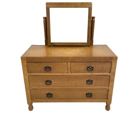 'Oakleafman' oak dressing chest, raised swing mirror on octagonal supports, rectangular adzed top over two short and two long