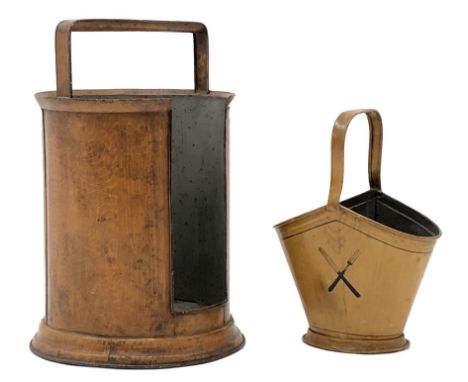 Mid to late 19th century Toleware cylindrical plate bucket with angular handle, H49cm and a similar cutlery carrier painted w