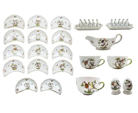 Set of fourteen Herend Rothschild Bird pattern crescent shape dishes, pair of toast racks, pair of condiments, sauce boat and