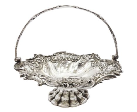 Victorian silver fruit basket with embossed and pierced decoration, swing handle and pedestal foot D26cm Sheffield 1840 Maker