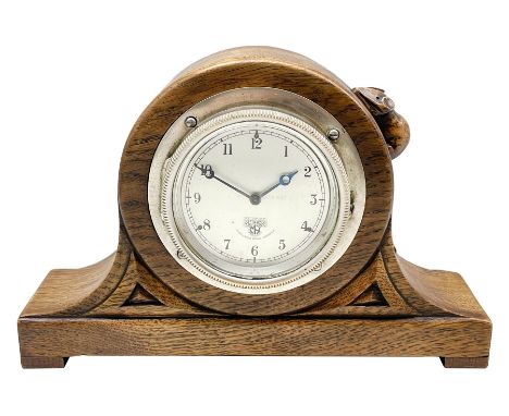 'Mouseman' 1930s oak mantel clock, dome top carved with mouse signature, the front with triangular carvings, fitted with 'Smi