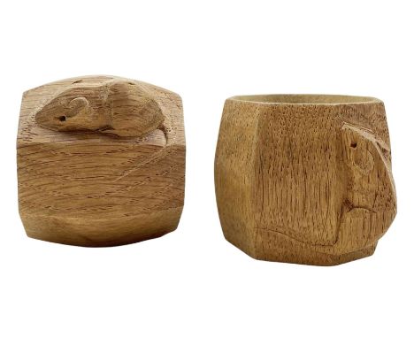 Pair of 'Mouseman' oak napkin rings with carved mouse signature, by Robert Thompson of Kilburn, H5cm (2)