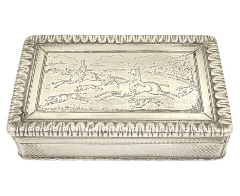 Early Victorian silver rectangular snuff box, the hinged cover engraved with a hunting scene with leaf and engine turned deco