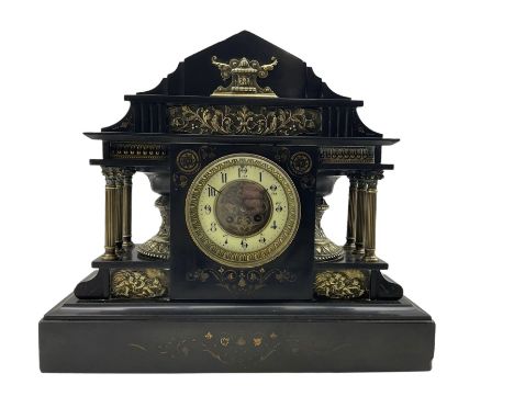 Late 19th century Belgium slate mantle clock with a French 8-day striking movement c1880, with a "temple" pediment and applie