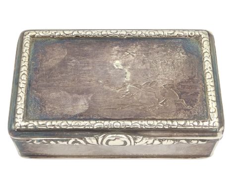 George IV silver rectangular snuff box, the hinged lid engraved with a hunting scene (worn), with raised border and gilded in