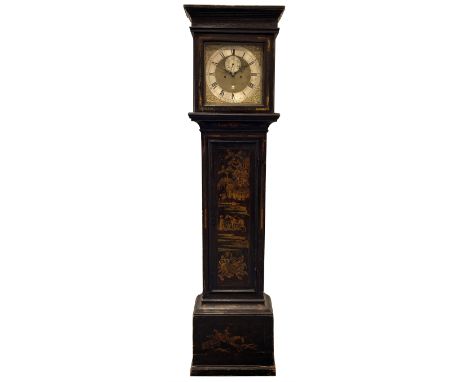 George II japanned longcase clock by Joseph Stevens, London (Aldgate), c1750,  with a flat topped hood, shallow cornice and b