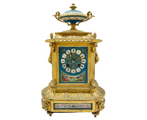 Gilt and porcelain mounted mantle clock, third quarter 19th century, with five Sevres style porcelain panels and urn, Roman n