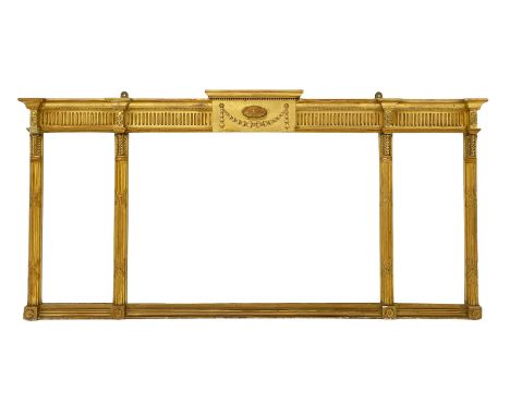 Adam style giltwood and gesso over-mantel mirror, central panel with bellflower garland and oval floral cartouche, fluted fri