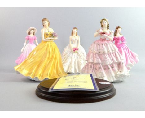 Two Royal Doulton figures 'Lauren' (HN3975) and 'Red Red Rose' (HN3995) and three Royal Worcester figures 'A Golden Moment', 