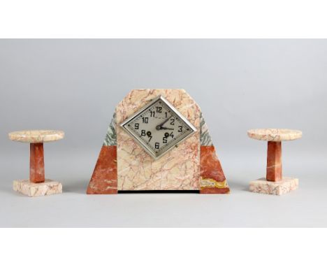 Art Deco clock garniture, clock 23 x 30 cm, garnitures 13 cm high.   Cannot guarantee working order. Movement appears complet