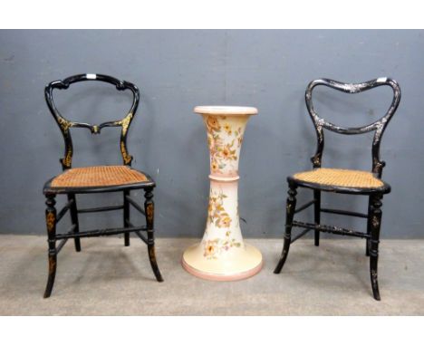 A ceramic jardiniere stand decorated with foliage on a blush ivory ground, a single chair with mother-of-pearl inlay and rush