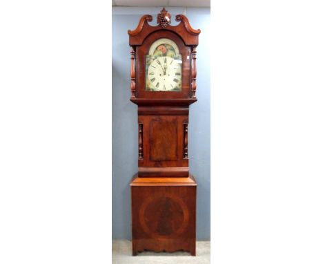 18th century eight day mahogany cased long case clock with painted dial to twin train movement. .   