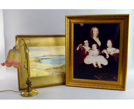 Brass desk lamp with frilled glass shade, Overton Jones Seascape, watercolour signed lower left and an oleograph family portr