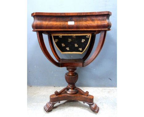 19th century mahogany work box with fitted interior on tripod leg supports.   